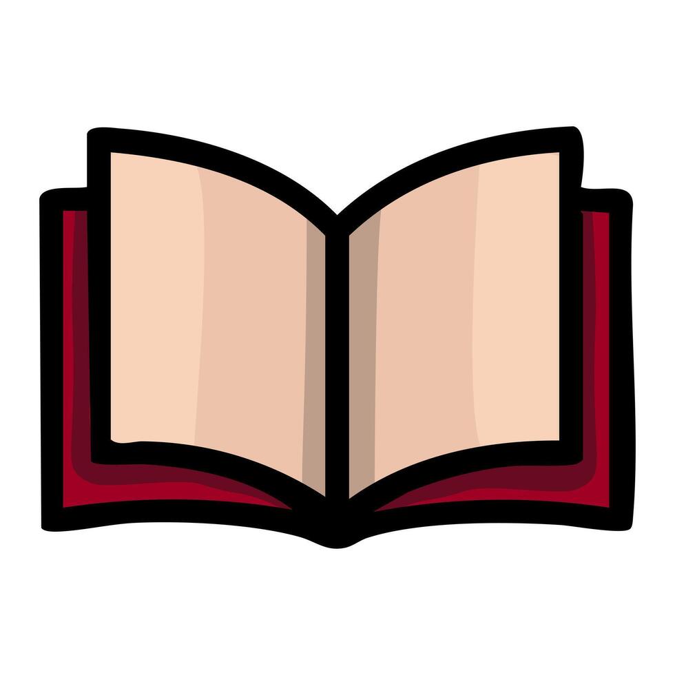 A stylized illustration of an open book with a maroon cover and beige pages, featuring bold black outlines and subtle color variations for a modern design aesthetic. vector