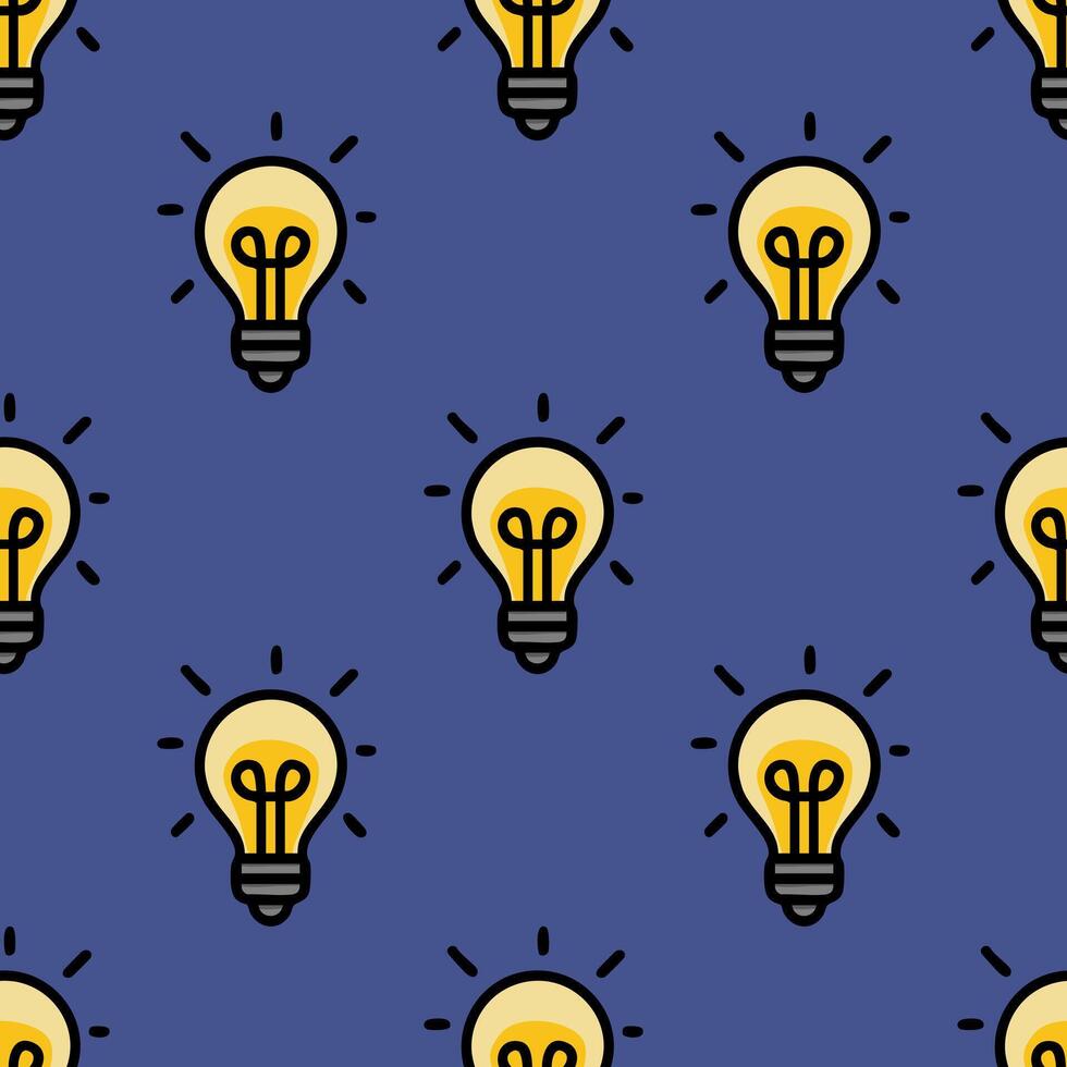 This seamless pattern features a playful arrangement of illuminated light bulbs on a deep blue background, creating a vibrant and energetic design ideal for various applications. vector