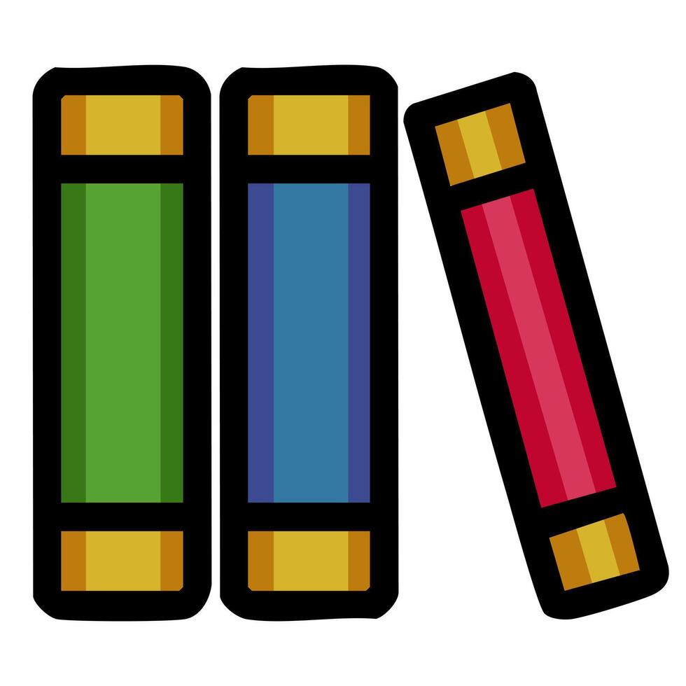 A playful illustration of three stylized books in green, blue, and red, with golden accents, leaning against each other, creating a dynamic and colorful composition. vector