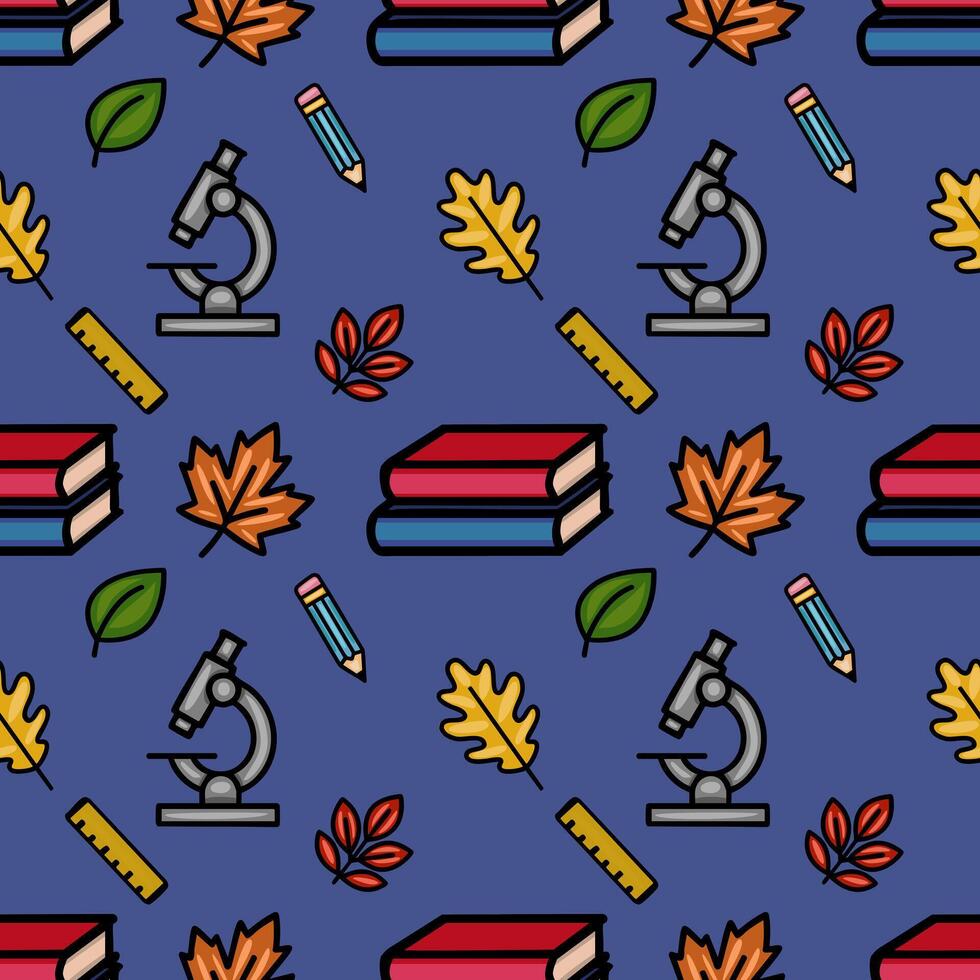 Seamless pattern featuring a vibrant autumnal design with school supplies like books, pencils, microscopes, and rulers, interspersed with colorful autumn leaves on a deep blue background. vector