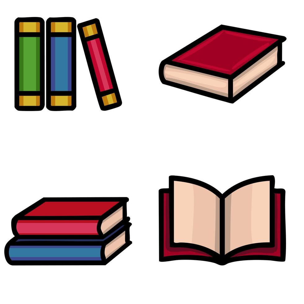 A vibrant illustration showcasing diverse book depictions a stack of books, individual books in various orientations, and a single open book, all rendered in a bold, cartoonish style with c... vector