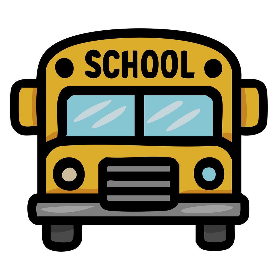 Adorable illustration of a school bus front view, featuring a cartoonish style with bold outlines and bright yellow color. vector