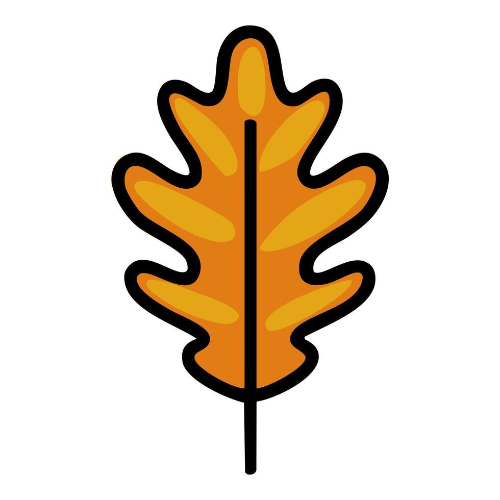 A illustration of a single stylized oak leaf, featuring a bold black outline and a warm orange color palette, ideal for autumn-themed designs or nature-inspired projects. vector