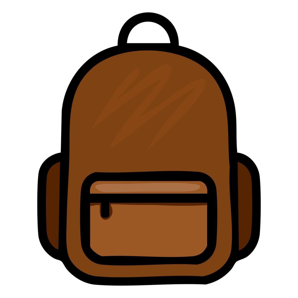 A illustration of a brown backpack with a front pocket, featuring a simplistic cartoon style and bold outlines. vector