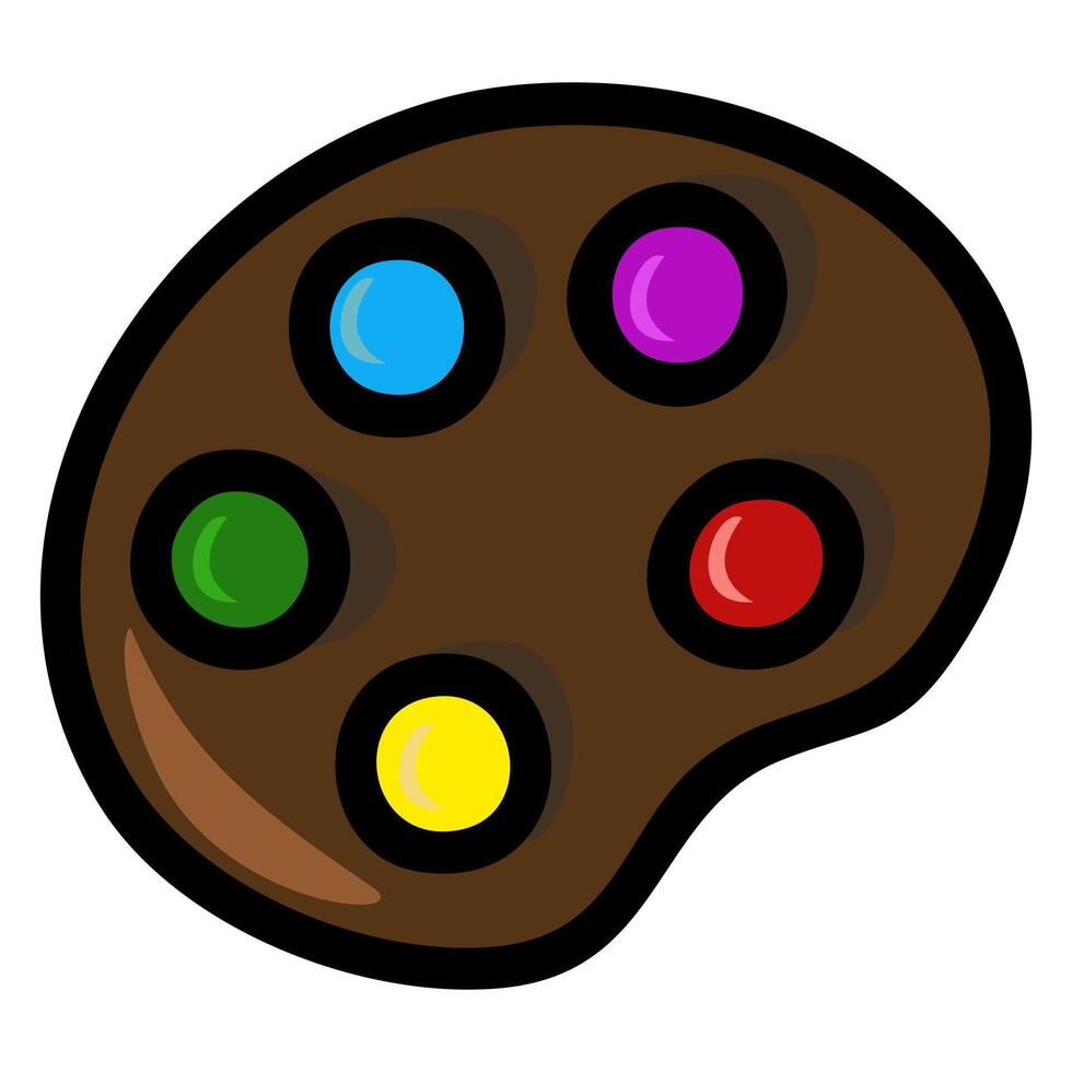 Artistic illustration of a brown paint palette with vibrant colored paint blobs, perfect for creative projects and design elements. vector