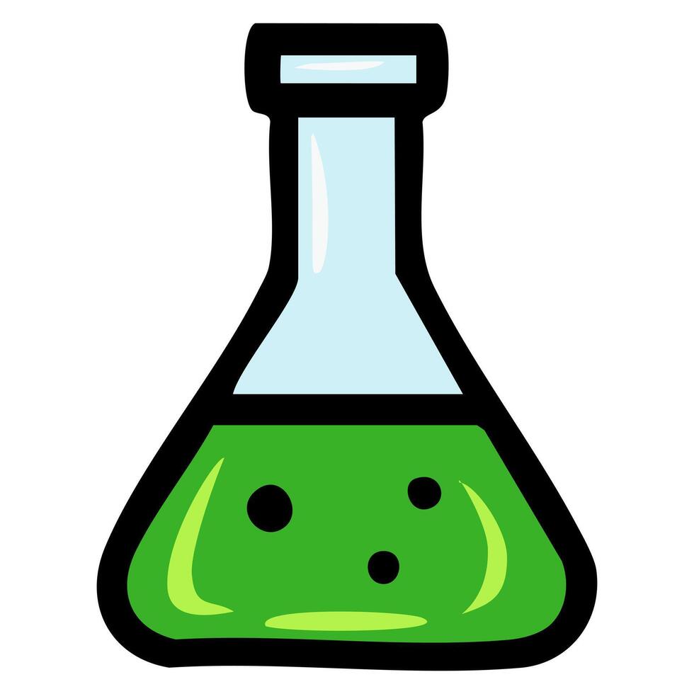 A playful illustration of a cartoon Erlenmeyer flask filled with bright green liquid, featuring a bold black outline and subtle shading for a whimsical feel. vector