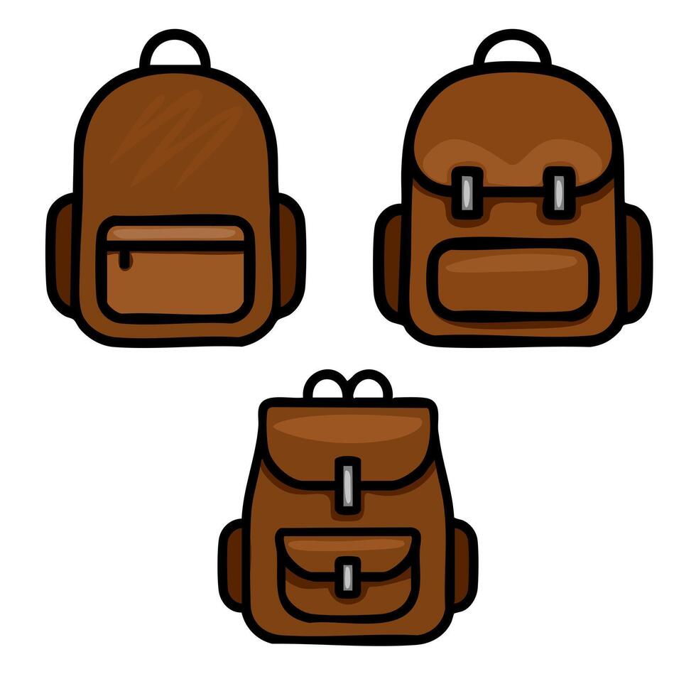 Collection of three illustrations of brown backpacks with different designs, showcasing various styles and details for travel or school supplies. vector