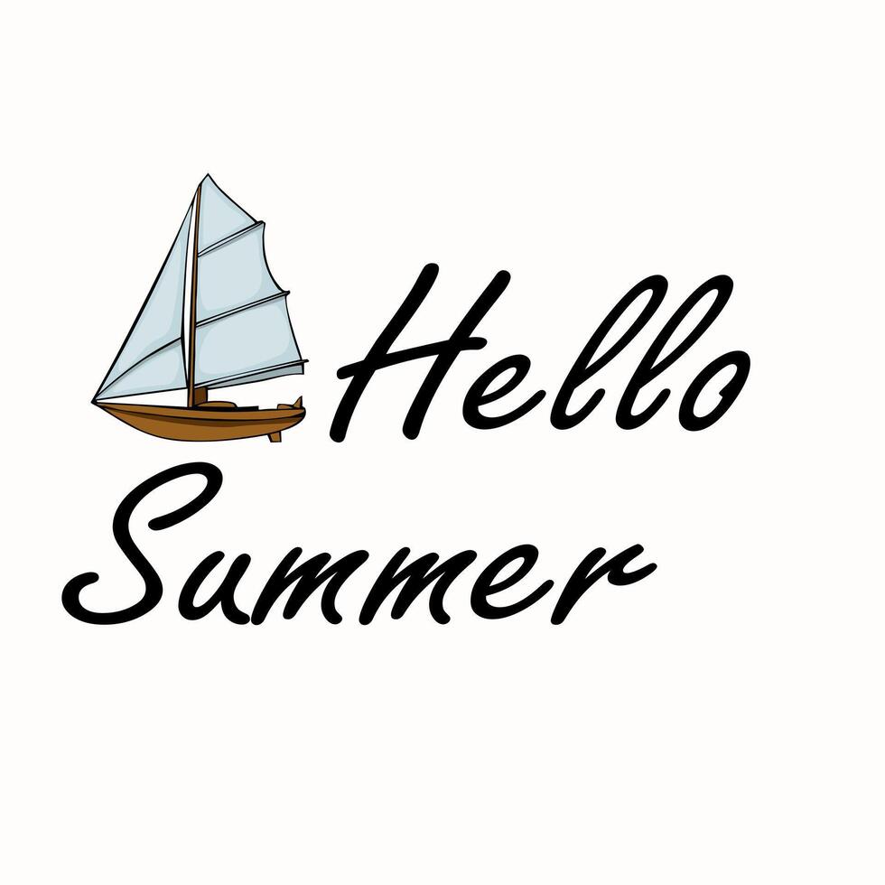 A stylized illustration featuring a sailboat with light blue sails next to the text Hello Summer in a playful, cursive font. The background is a soft, neutral color, evoking a warm, summery vibe. vector