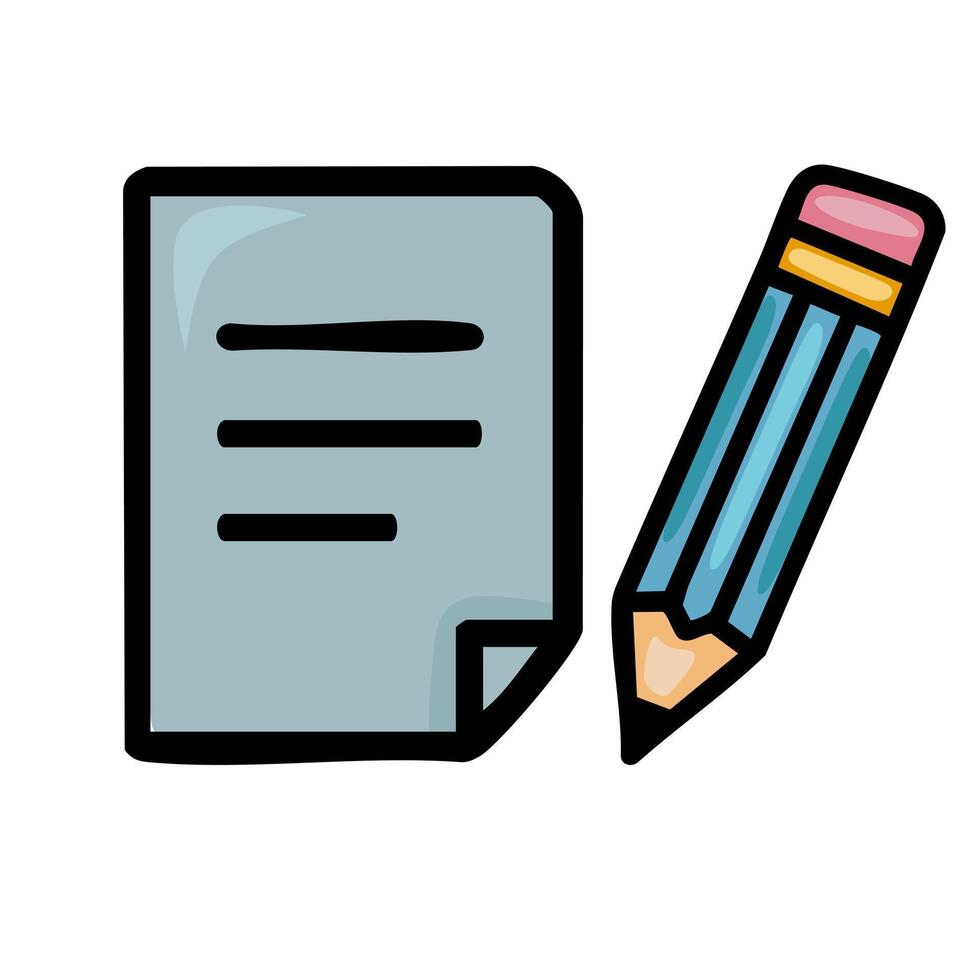 A playful illustration of a sheet of paper and a pencil, showcasing a hand-drawn style with bold outlines and a pastel color palette, ideal for educational or stationery-related designs. vector