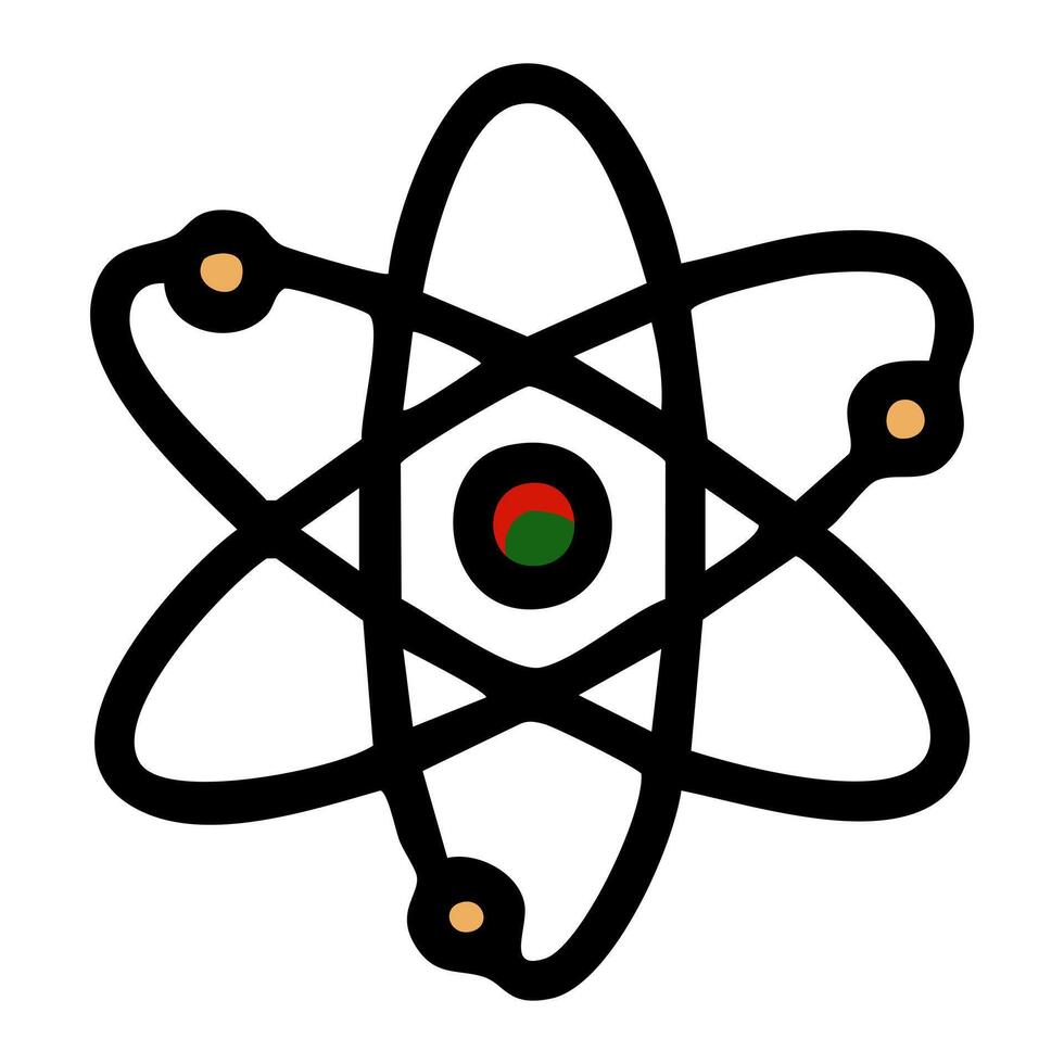 Bold illustration of an atom model with a unique color scheme for the nucleus, featuring black outlines and golden-yellow orbiting electrons. vector