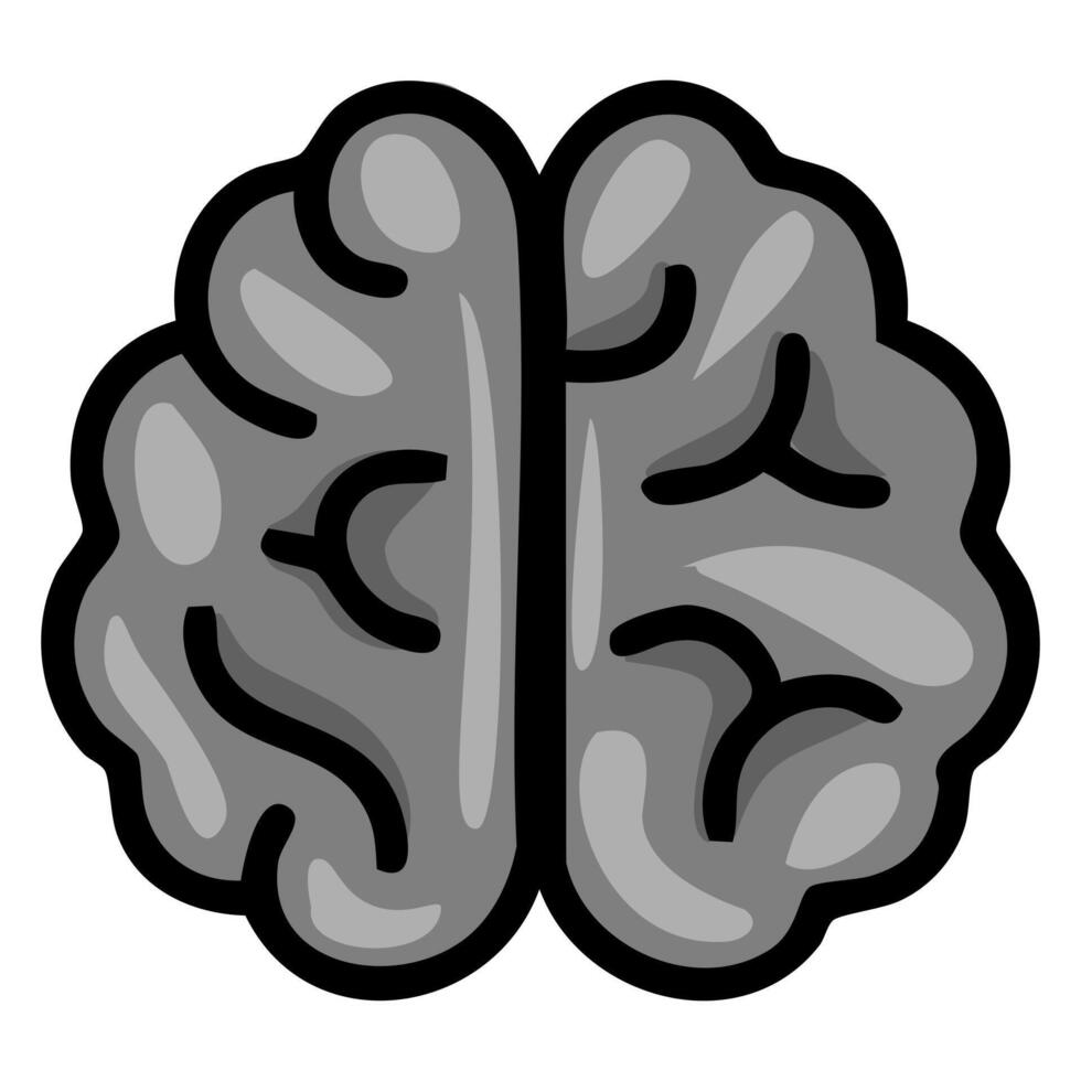 Stylized illustration of a human brain, featuring a grayscale palette and bold black outlines, emphasizing a simplified yet detailed representation of its complex structure. vector