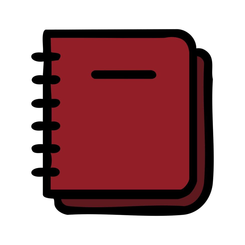 illustration of a maroon spiral-bound notebook with a minimalist design, featuring bold black outlines and a simple horizontal line detail, ideal for education or stationery-related projects. vector