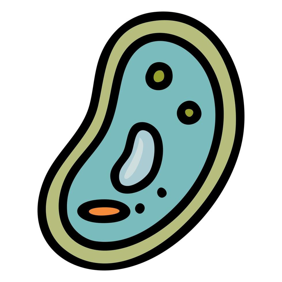 A whimsical illustration of a stylized single-celled organism, featuring a teal body, olive green organelles, and a bold black outline, perfect for educational materials or playful designs. vector