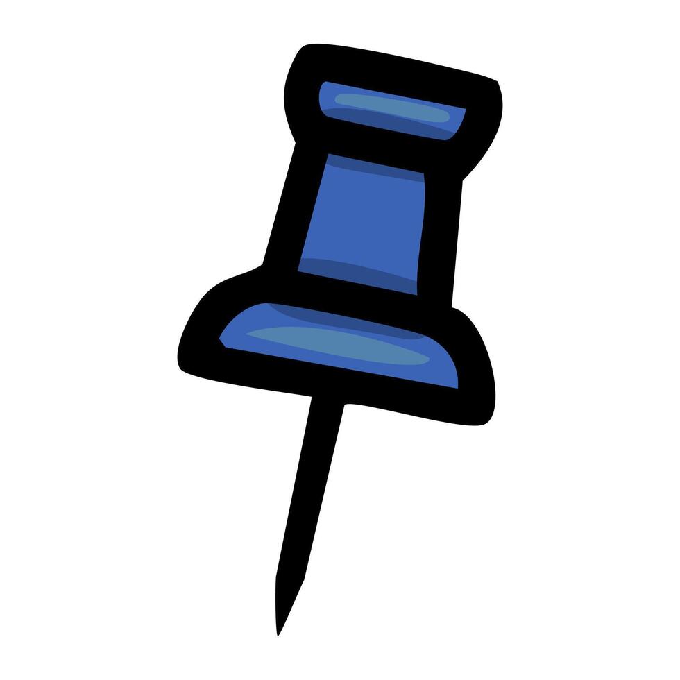 A vibrant illustration of a single blue pushpin, featuring a hand-drawn style with bold black outlines and subtle shading, ideal for office supplies, stationery, or school-themed projects. vector