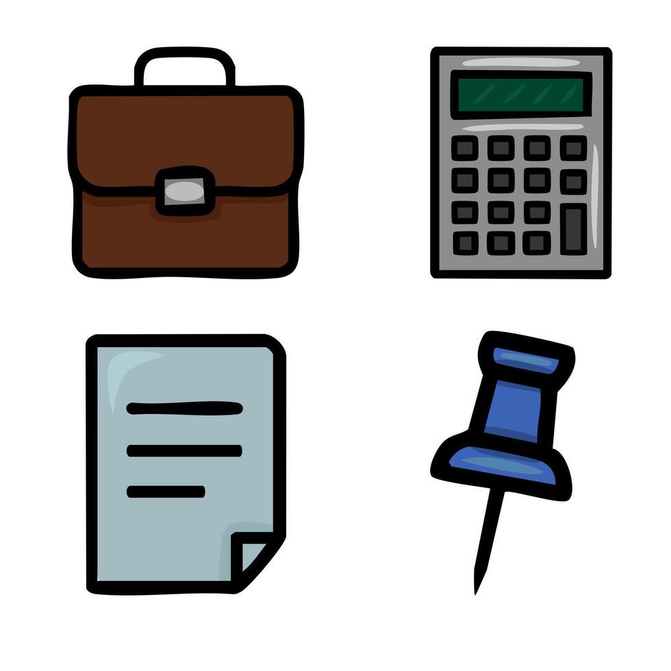 A illustration featuring a brown briefcase, a grey calculator, a light blue document, and a blue pushpin, rendered in a simplistic hand-drawn style with bold outlines. vector