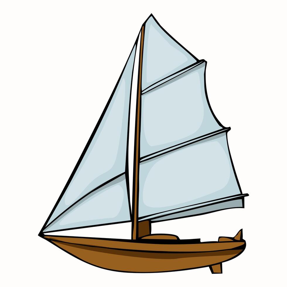 A cartoon-style illustration of a sailboat with a wooden hull and large, light blue sails. The boat is depicted in a simple, colorful design, suitable for childrens themes or nautical concepts. vector