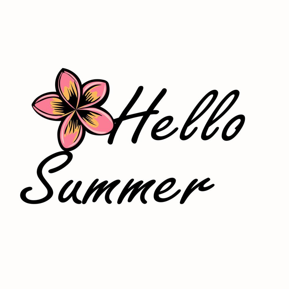 A vibrant design featuring the text Hello Summer in a stylish font, accompanied by a colorful flower illustration. The background is light, enhancing the cheerful summer theme. vector