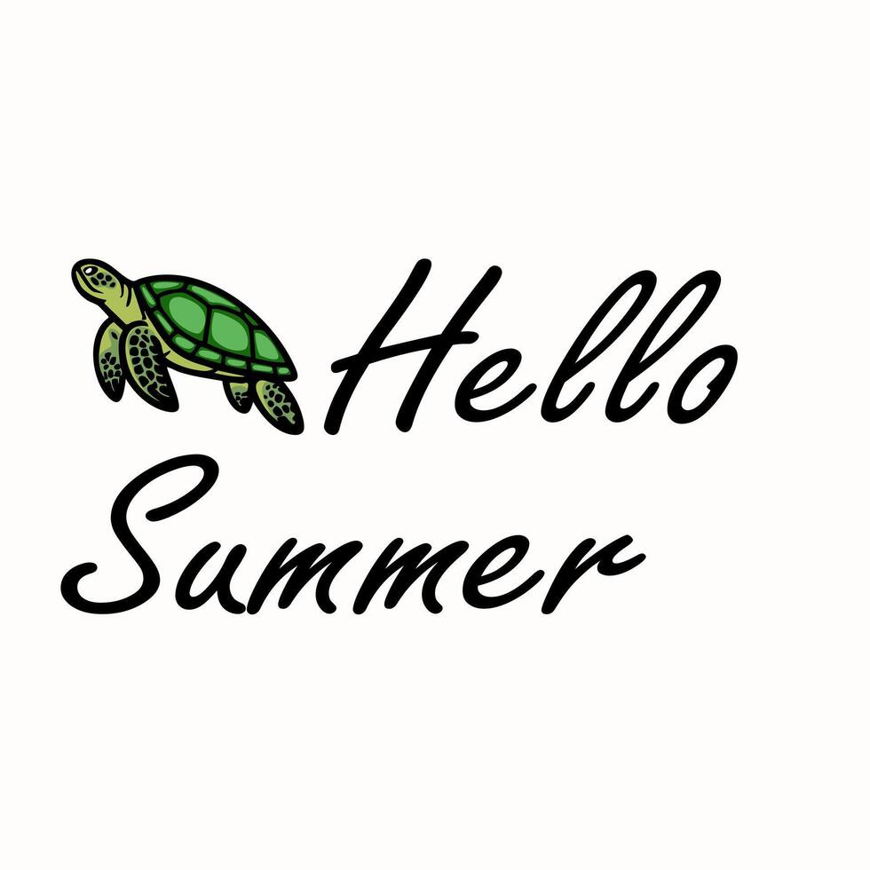 A playful illustration featuring a green turtle alongside the text Hello Summer in a stylish font. The design evokes a cheerful, summery vibe, perfect for seasonal greetings or decorations. vector