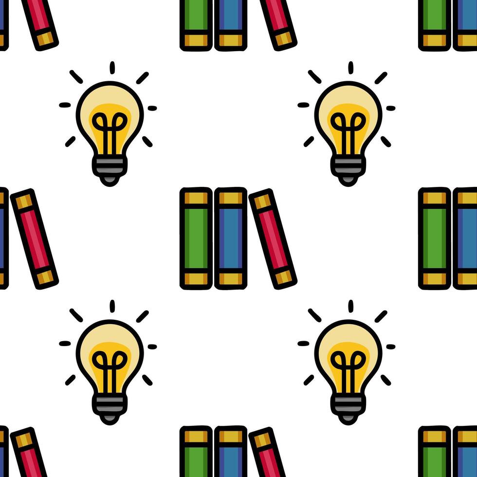 Seamless pattern featuring vibrant stacks of books and illuminated light bulbs, symbolizing knowledge and bright ideas in a playful, cartoonish style. vector