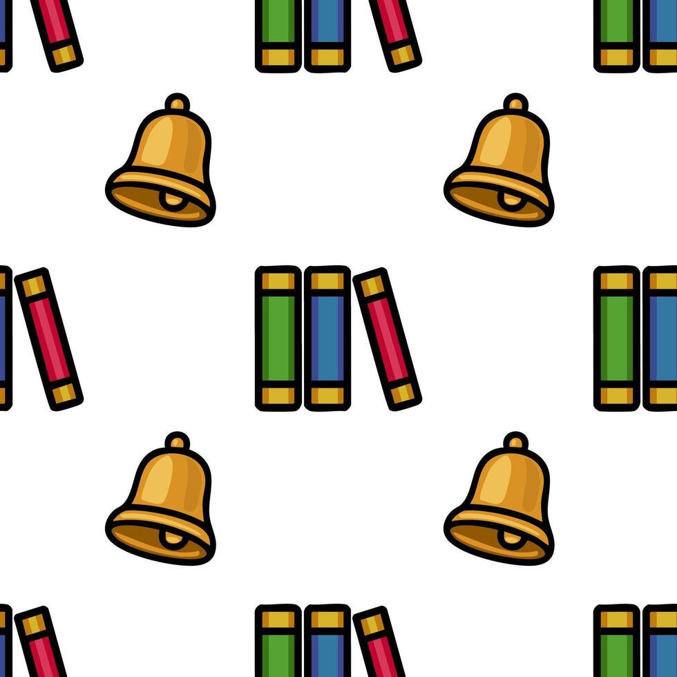 Seamless pattern featuring a playful arrangement of school bells and colorful books, ideal for educational backgrounds or childrens products. vector