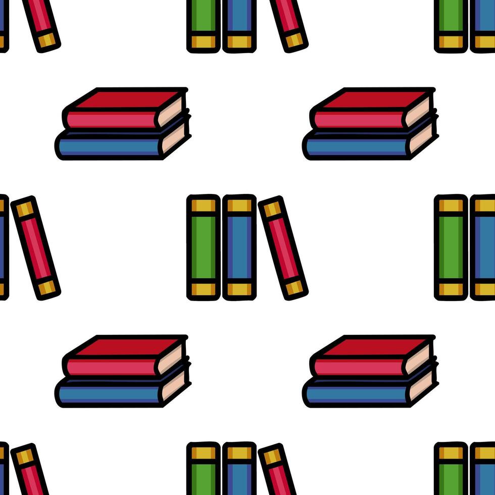 Seamless pattern of colorful stacked and single books, ideal for educational backgrounds or stationery designs, featuring bold outlines and a playful style. vector