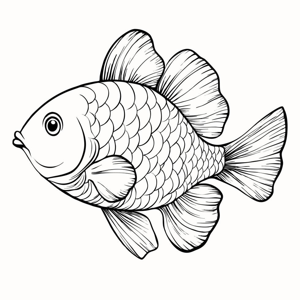 A detailed line drawing of a fish with prominent scales and fins, showcasing its side profile. The fish has a round body and a small mouth, emphasizing its features in a minimalist style. vector