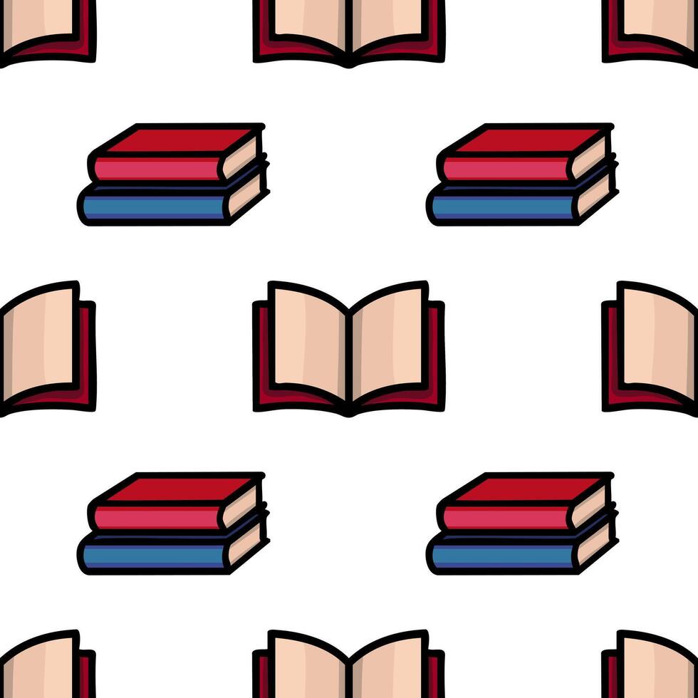 Seamless pattern featuring stacks of books and open books in a minimalist cartoon style with bold outlines and a red, beige, and blue color palette. vector