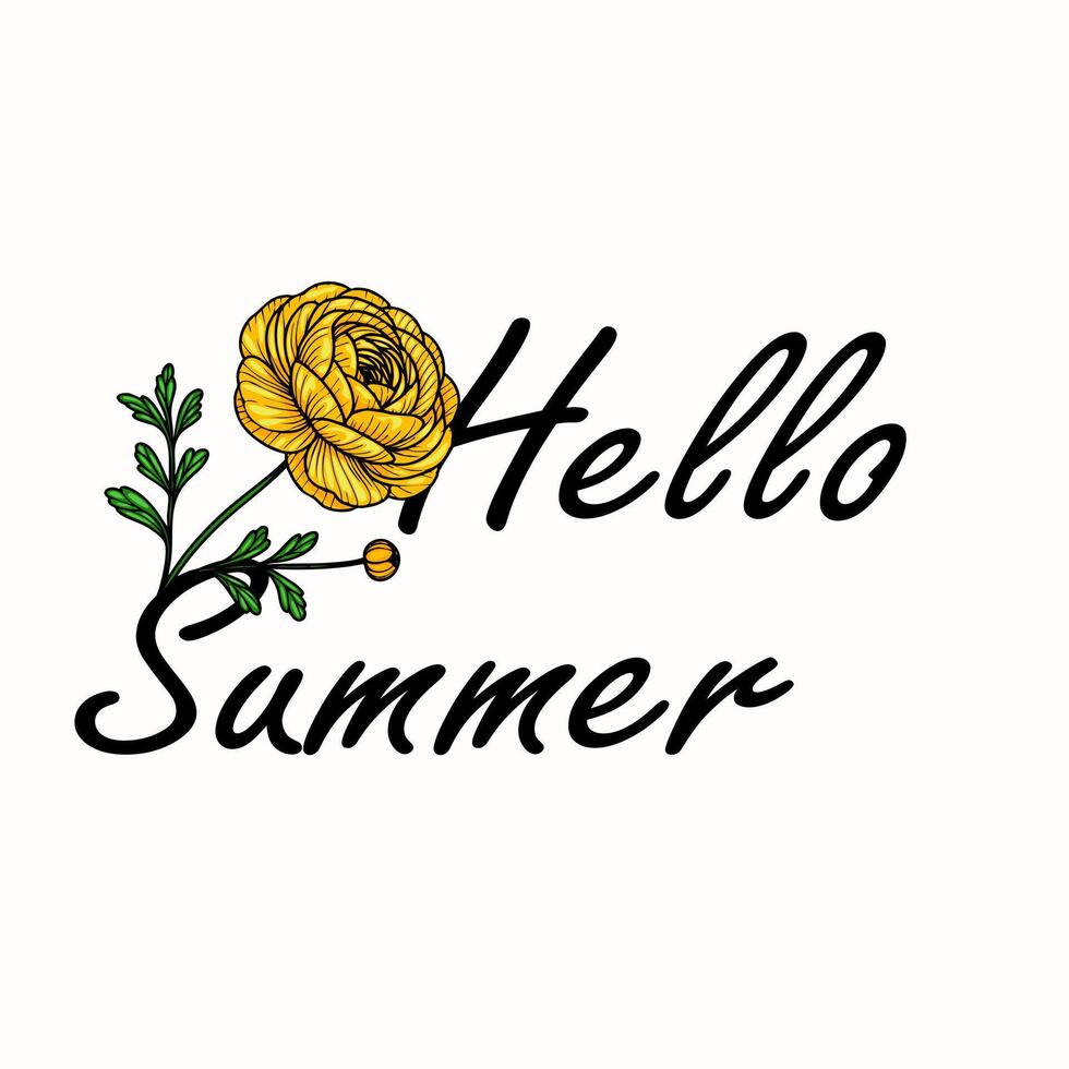 A vibrant illustration featuring a yellow flower alongside the text Hello Summer. The design is cheerful and evokes a sense of warmth and joy associated with the summer season. vector