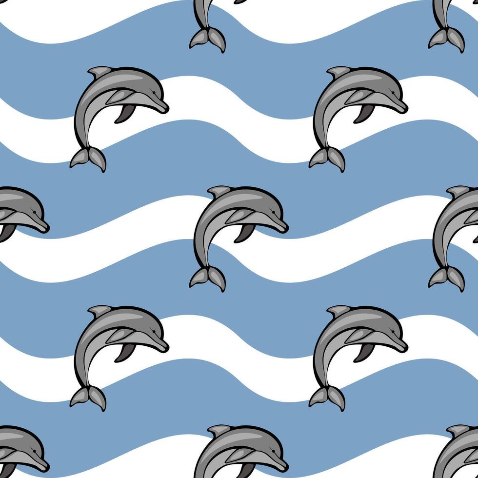 A playful pattern featuring dolphins swimming against a wavy blue background. The dolphins are illustrated in a cartoon style, creating a fun and lively ocean theme. vector