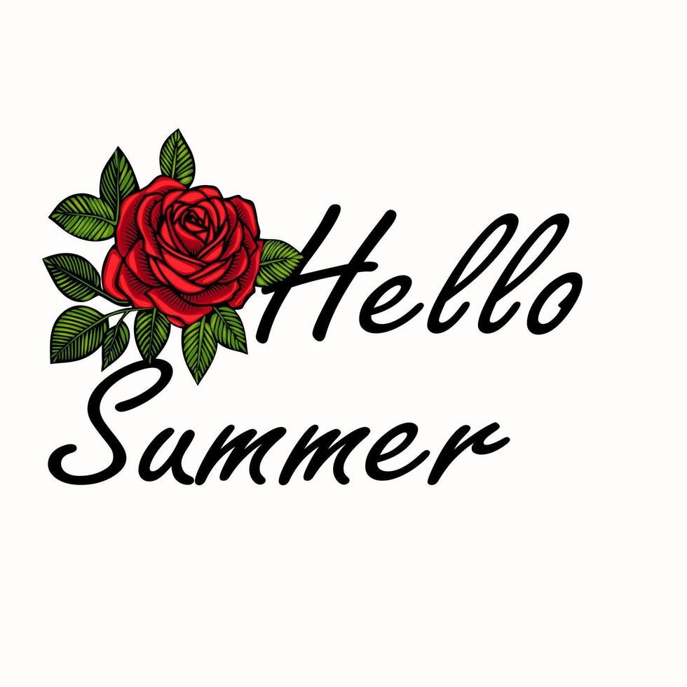 A decorative text design featuring the phrase Hello Summer with a vibrant red rose and green leaves. The text is stylishly written in a cursive font, evoking a cheerful summer vibe. vector