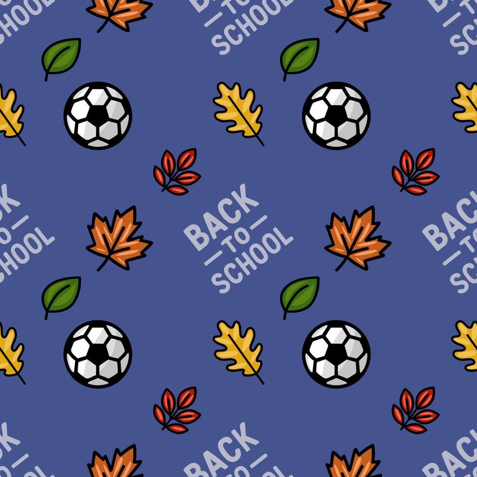 A vibrant seamless pattern celebrating Back to School, featuring autumn leaves, soccer balls, and a playful hand-drawn style on a deep blue background. vector