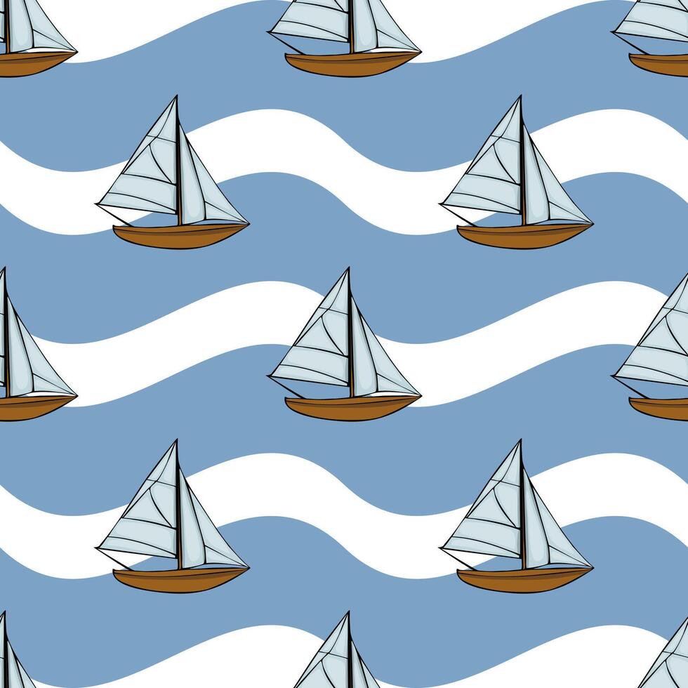 A seamless pattern featuring small sailboats on a wavy blue background. The boats have white sails and brown hulls, creating a nautical theme. vector