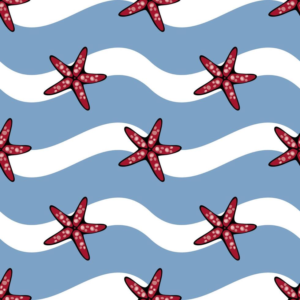 A playful pattern featuring red starfish on a wavy blue and white background. The design is vibrant and suitable for beach-themed decor or textiles. vector