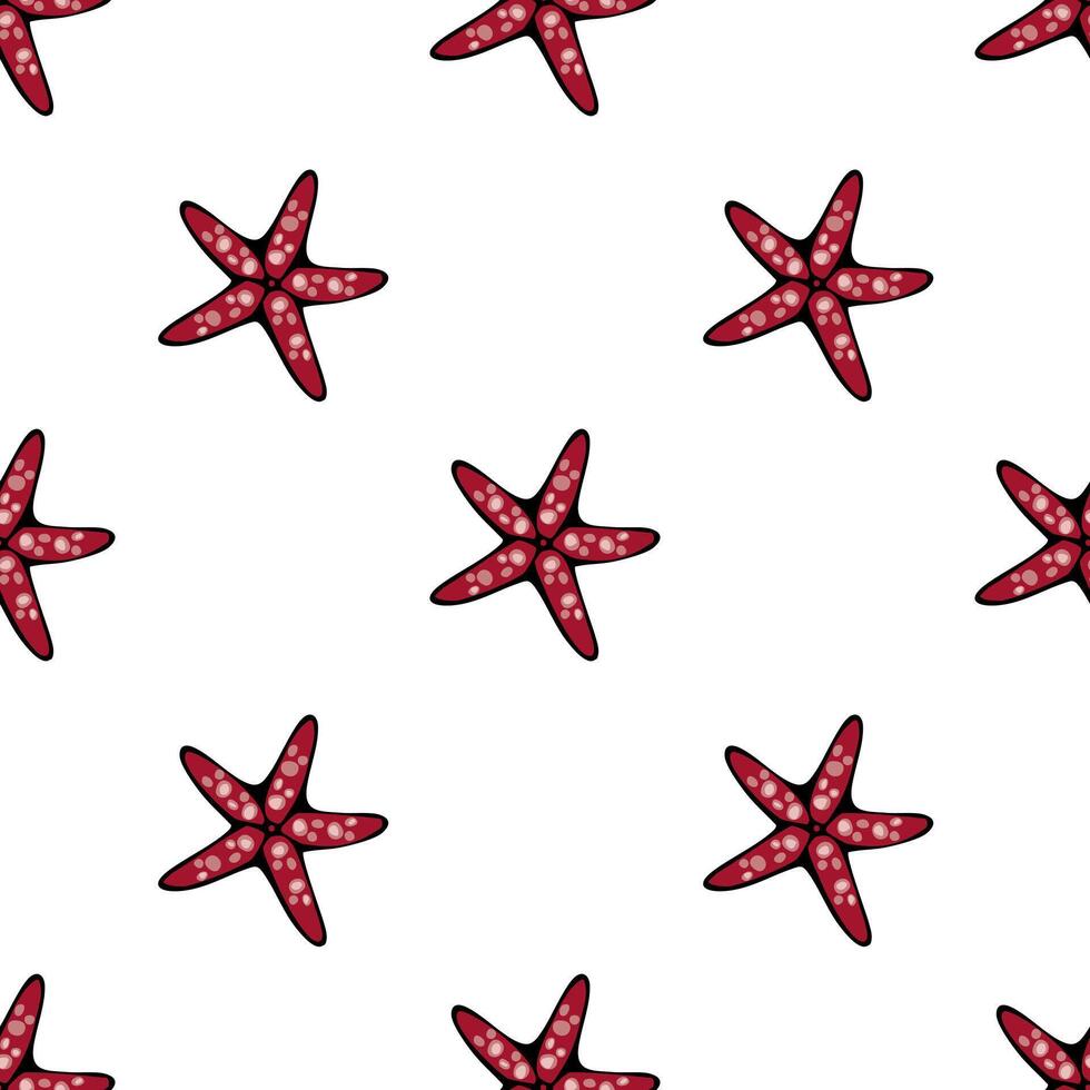 A seamless pattern featuring red starfish with white polka dots on a white background. The design is playful and vibrant, suitable for beach-themed decor or textiles. vector
