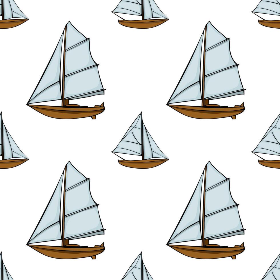 A seamless pattern featuring various sailboats with white sails and brown hulls on a white background. The design is playful and nautical, suitable for fabric or wallpaper. vector