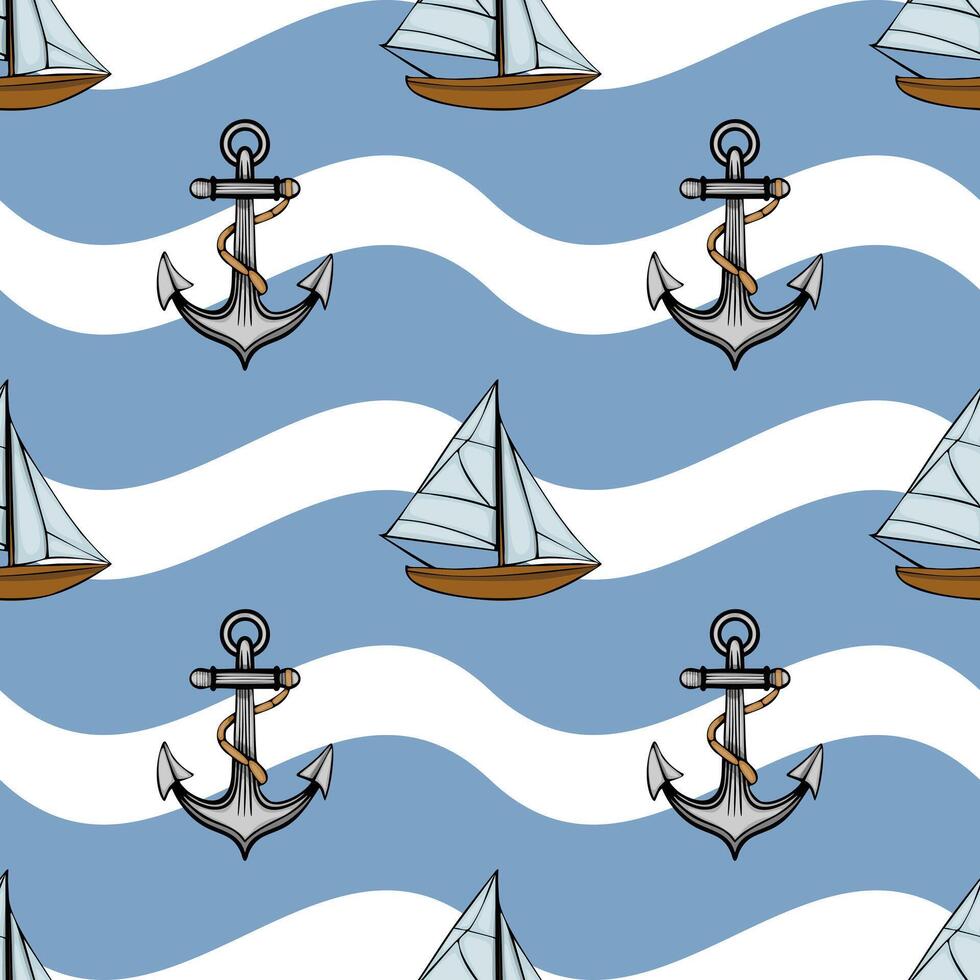 A seamless pattern featuring sailboats and anchors on a wavy blue background. The design combines nautical elements with a playful, lighthearted feel, ideal for marine-themed projects. vector