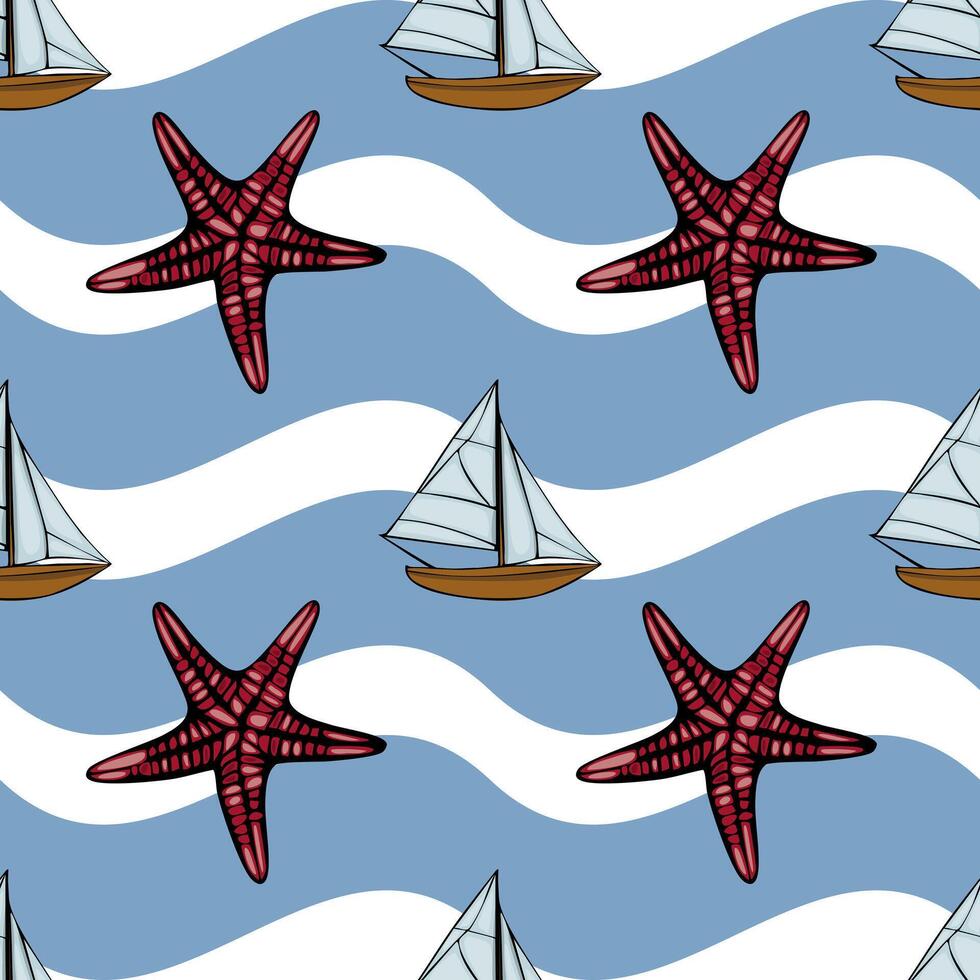 A whimsical pattern featuring red starfish and sailboats on a wavy blue background. The design evokes a coastal or nautical theme, perfect for summer decor or beach-related products. vector