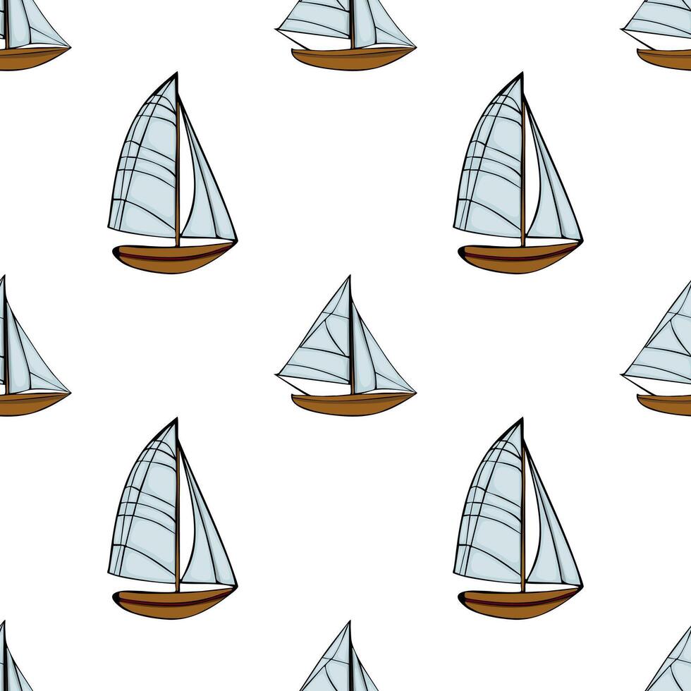 A seamless pattern featuring small sailboats with white sails and brown hulls on a white background. The design is playful and nautical, suitable for fabric or wallpaper. vector