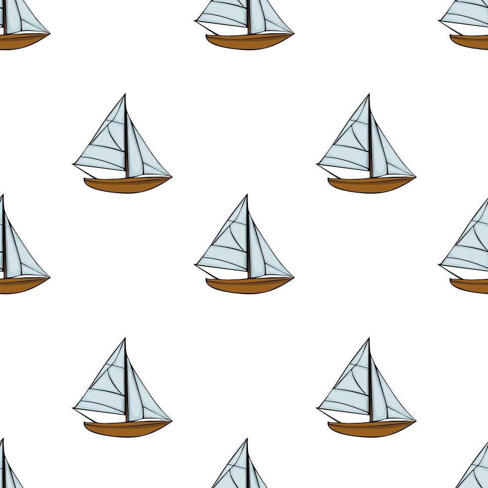 A seamless pattern featuring small sailboats with light blue sails and brown hulls on a white background. Ideal for nautical-themed designs and textiles. vector