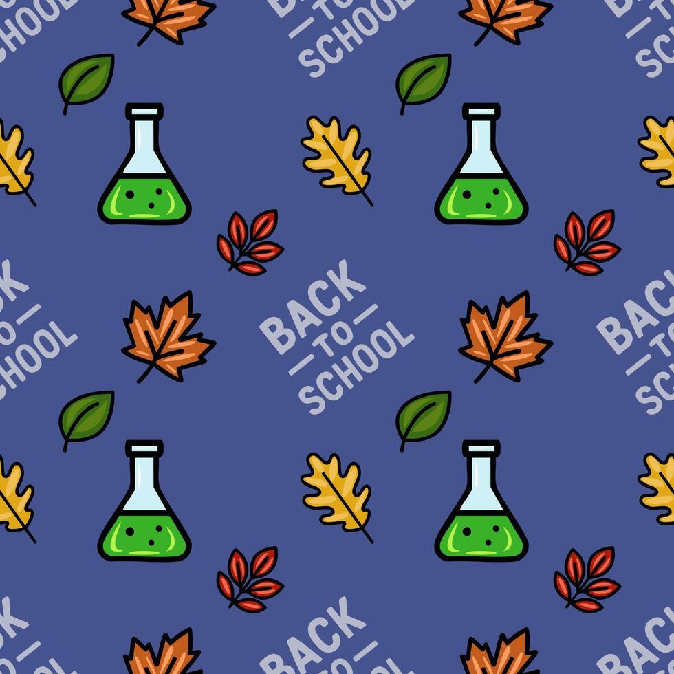 A charming seamless pattern featuring a playful mix of autumn leaves, science beakers, and the phrase Back to School, perfect for educational and seasonal designs. vector