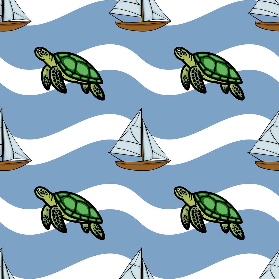A playful pattern featuring green turtles swimming among stylized waves and sailboats. The background is a soft blue with white wavy lines, creating a cheerful marine theme. vector
