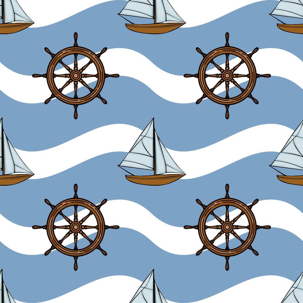 A nautical-themed pattern featuring sailboats and ship wheels on a wavy blue background. The design is playful and suitable for marine-related projects. vector