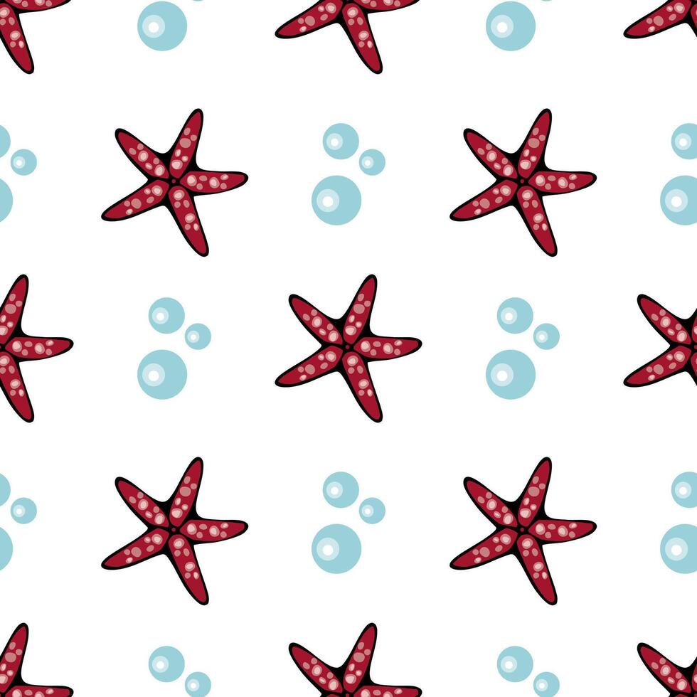 A seamless pattern featuring red starfish and light blue bubbles on a white background, ideal for beach-themed designs. vector