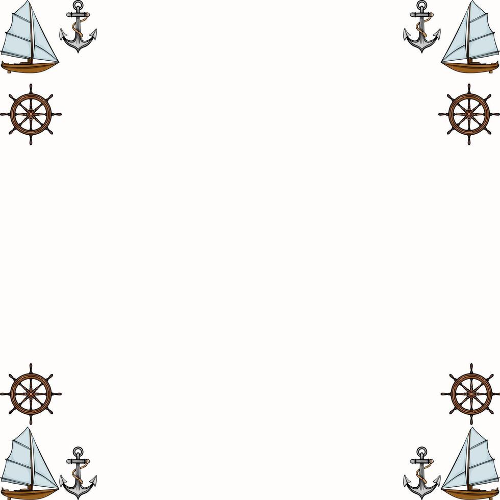 A decorative border featuring nautical elements such as sailboats, anchors, and ship wheels, set against a light background. vector