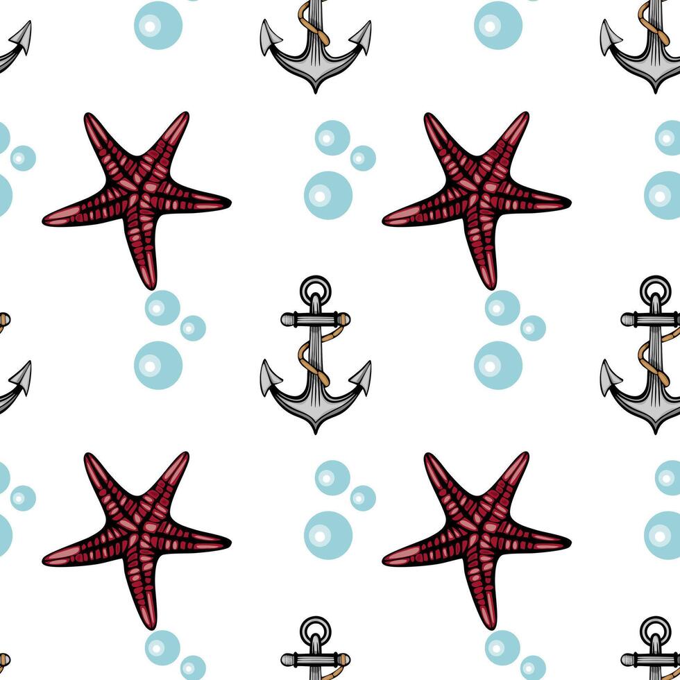 A seamless pattern featuring red starfish, nautical anchors, and blue bubbles on a white background. The design is playful and marine-themed, suitable for beach or ocean-related projects. vector