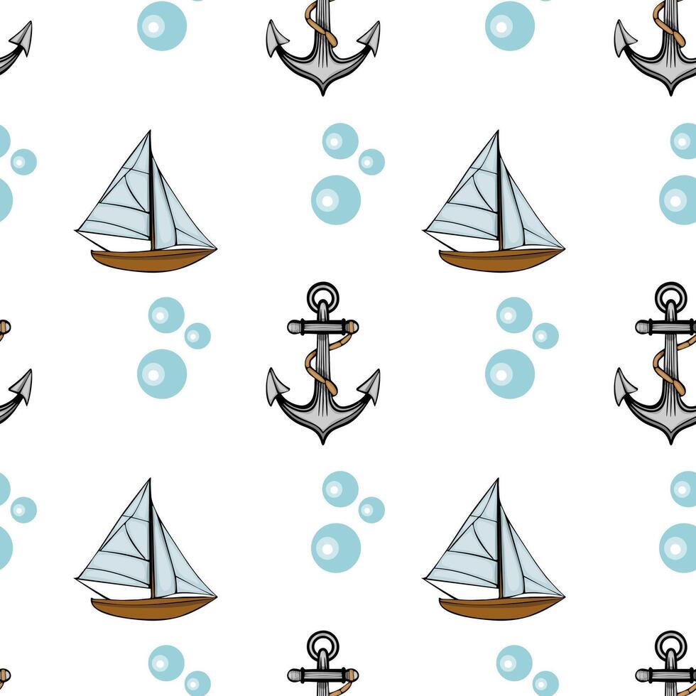 A seamless pattern featuring sailboats, anchors, and bubbles on a white background. The sailboats are illustrated with light blue sails and brown hulls, while the anchors with a rope. vector