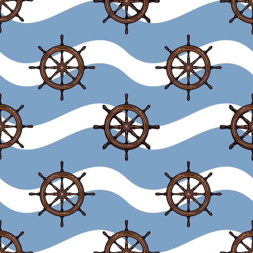 A repeating pattern featuring ship steering wheels on a blue and white wavy background, evoking a nautical theme. vector