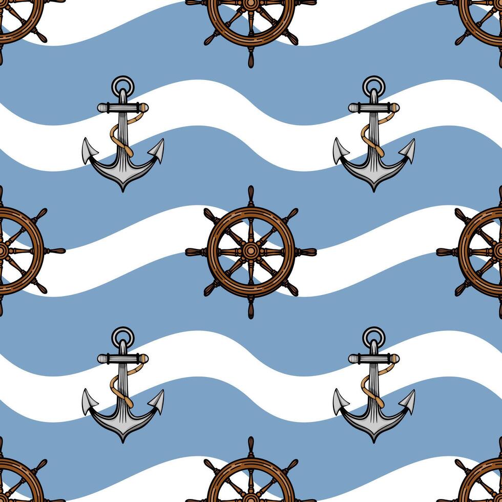 A nautical-themed pattern featuring ship wheels and anchors on a wavy blue and white background. The design is playful and suitable for marine-related projects. vector