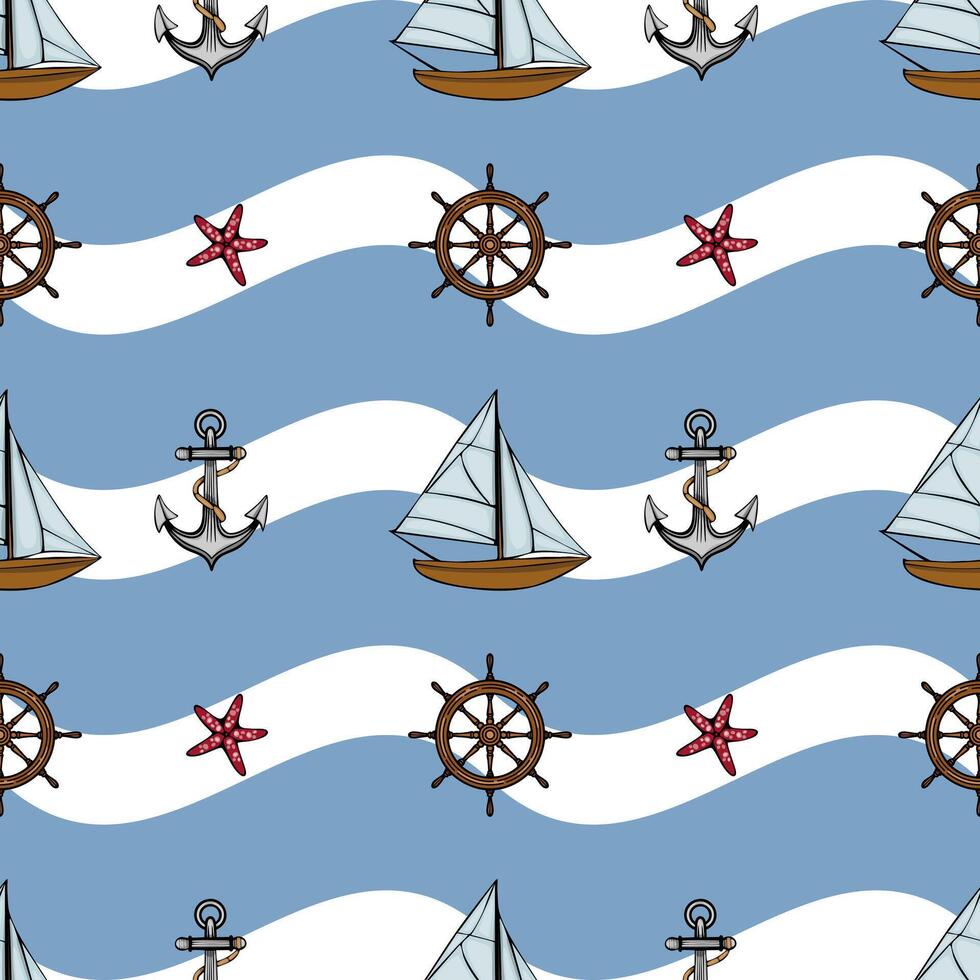 A nautical-themed seamless pattern featuring sailboats, anchors, starfish, and ship wheels on a wavy blue and white background. vector