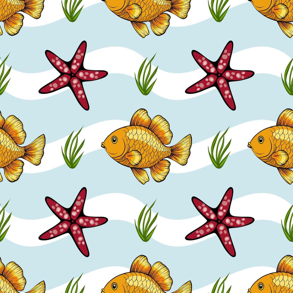 A vibrant pattern featuring goldfish and red starfish on a light blue background with wavy white lines and green seaweed. vector